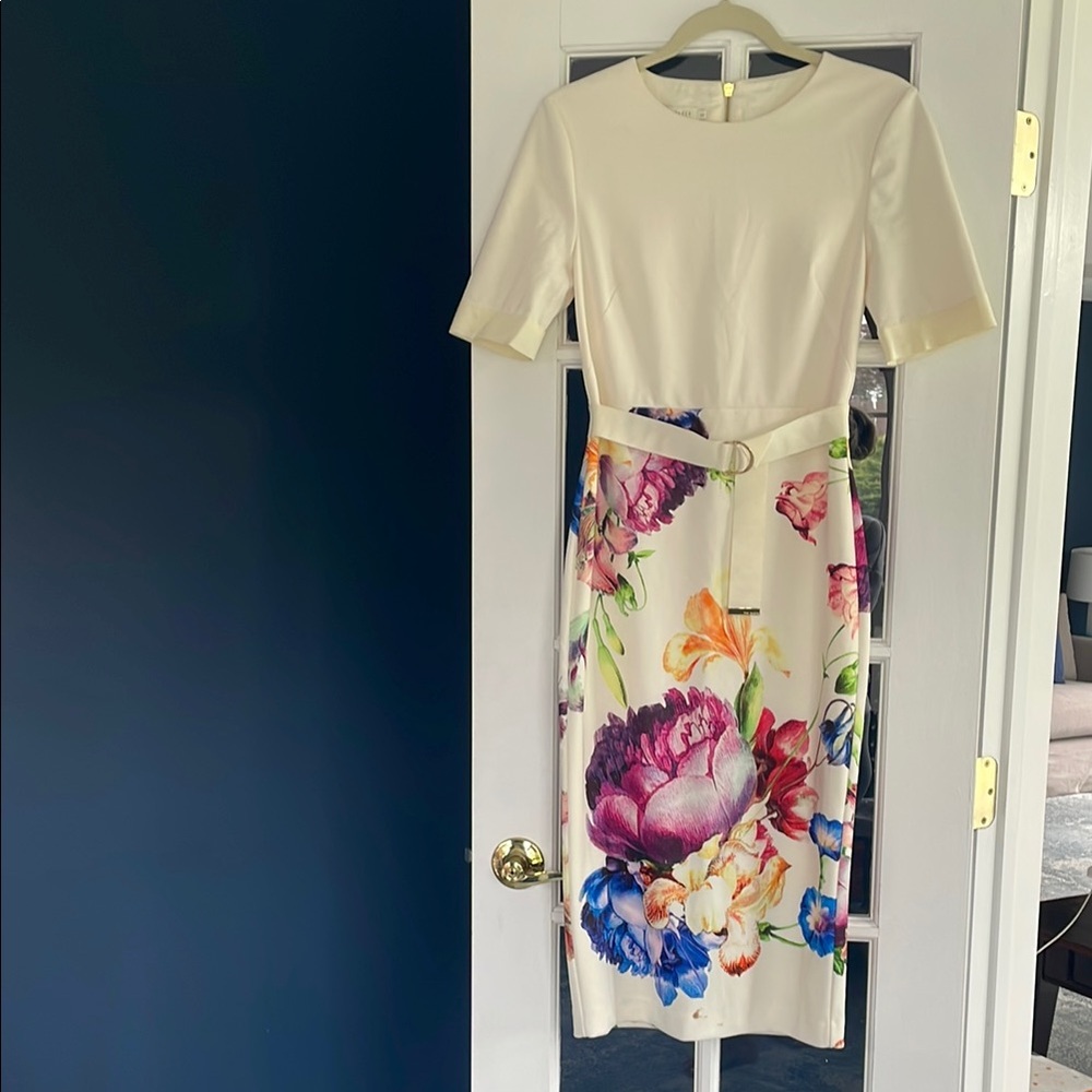 Ted Baker Cream and White Ruffled Sheath Midi Dress